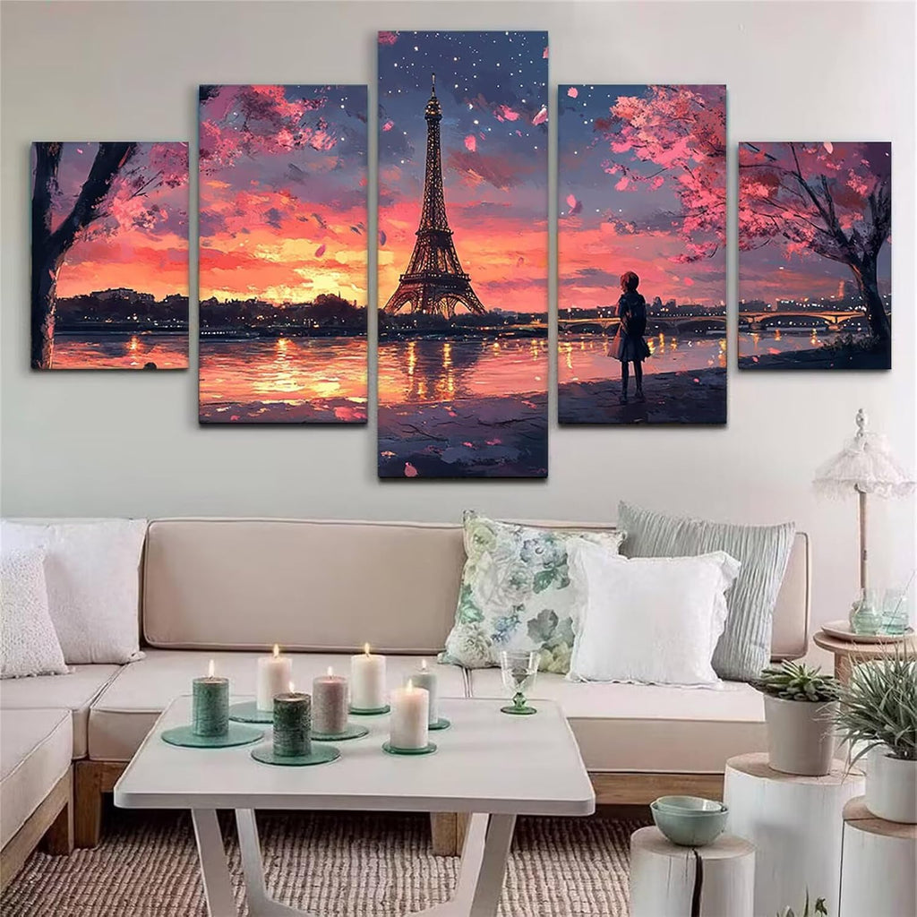 Cherry Blossoms Diamond Art 5 Piece Diamond Painting Landscape 5D DIY Full Round Drill Dimond Art Paintings Crystal Rhinestones Crafts for Adults Gem Painting for Home Decor, 44 x 90 Inch, Model405