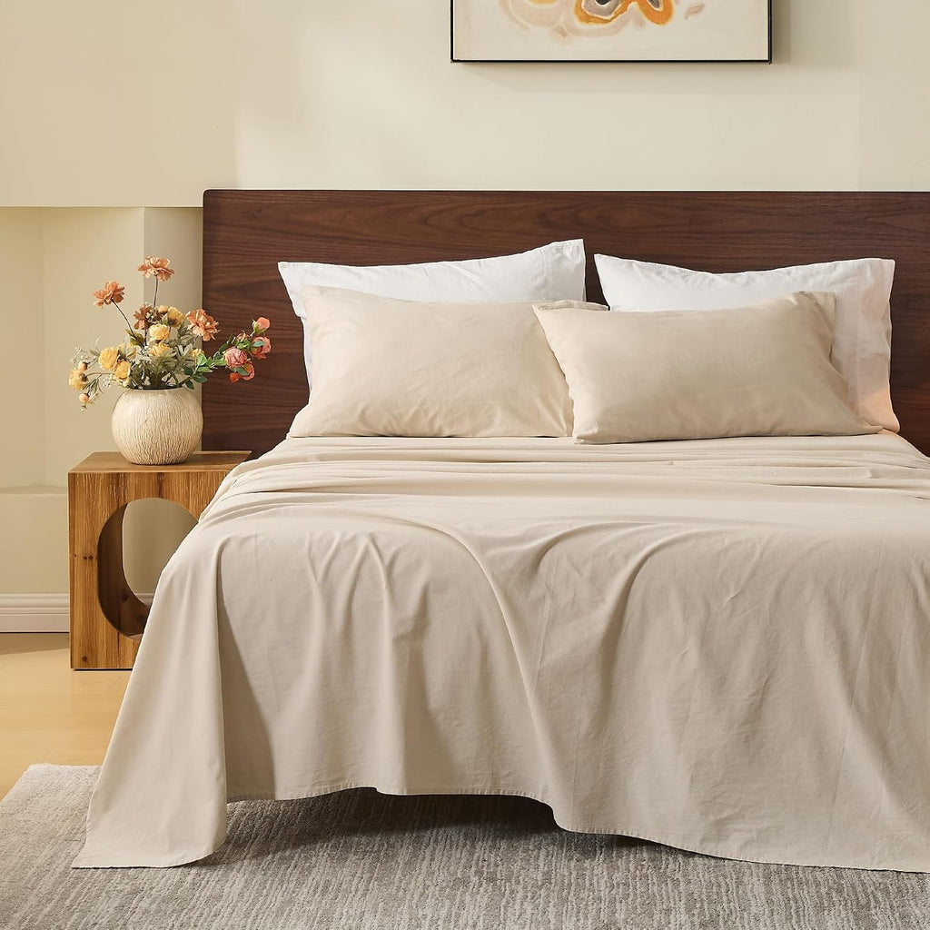 MEISHANG 100% French Pure Linen Sheets King Size - Bed Sheets 4 Piece Sets, Soft Durable Flax Linen, Anti-Tear Breathable Oeko-Tex Certified with 16' Deep Pocket (Linen)