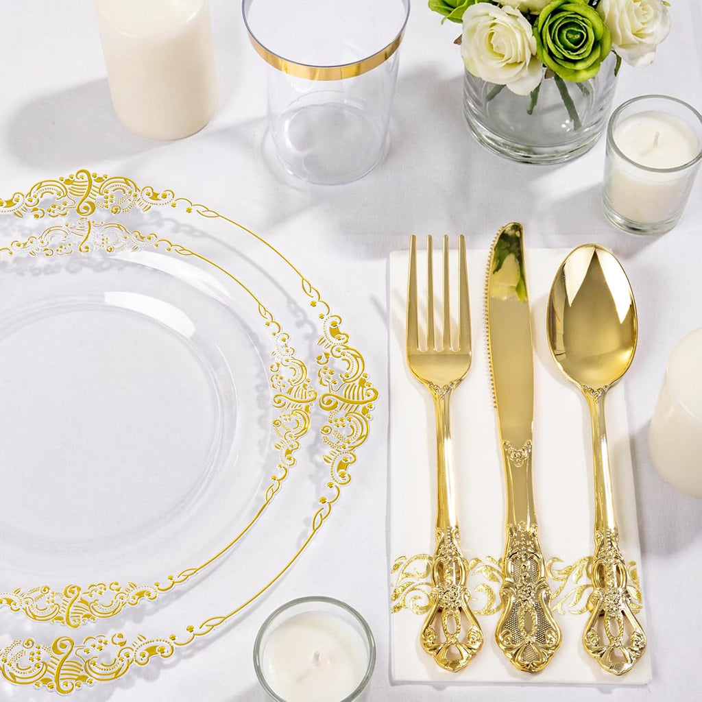 YOUBET 700PCS Clear Gold Plastic Plates - Elegant Gold Plastic Dinnerware Set Include 200 Disposable Plates, 300 Heavy Duty Silverware, 100 Cups, 100 Napkins for Wedding Party