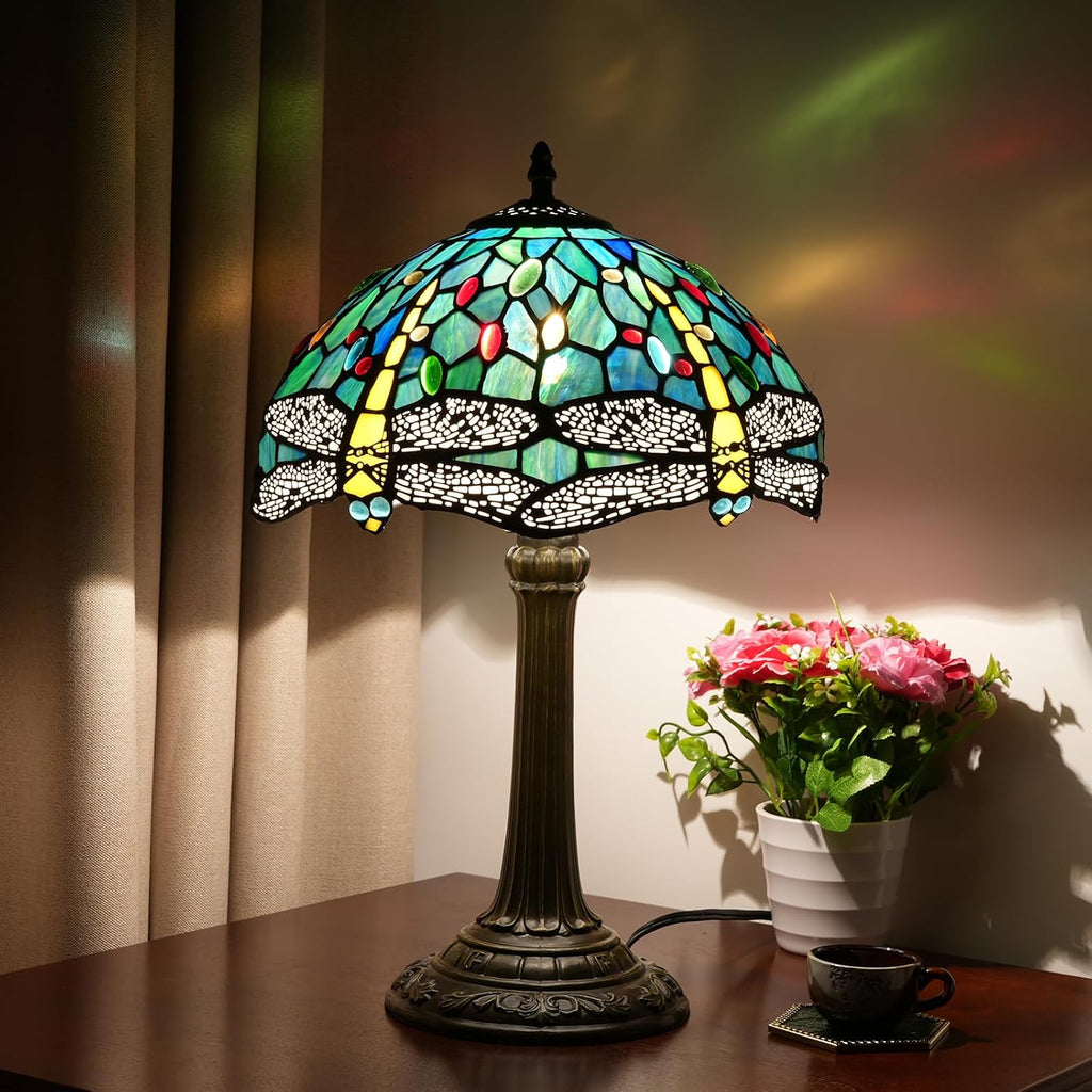 Tiffany Lamp Dragonfly Style Green Stained Glass Lamp Bedroom Table Lamp Reading Desk Light for Bedside Living Room Office Dormitory Dining Room Decorate Gift