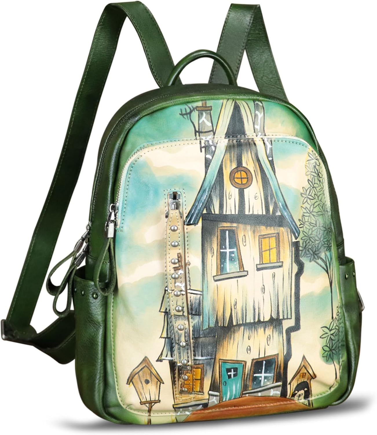 Genuine Leather Backpack for Women Hand Painted Rivet Knapsack Purse Handmade Rucksack Casual Daypack (Pattern1)
