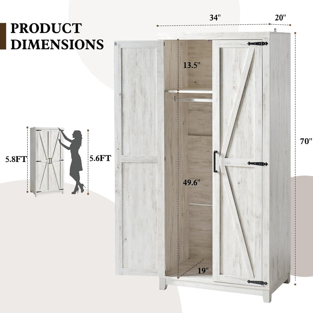 LUXOAK 70' Large Armoire Wardrobe Closet Set of 2 with Hanging Rod, Farmhouse Clothing Storage Cabinet with 2 Barn Doors, Wooden Tall Bedroom Armoires with Shelf, Distressed White