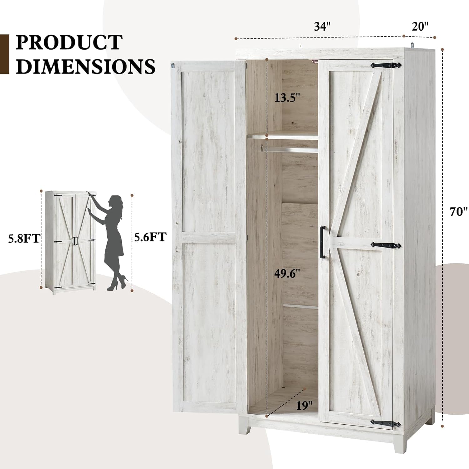 LUXOAK 70' Large Armoire Wardrobe Closet Set of 2 with Hanging Rod, Farmhouse Clothing Storage Cabinet with 2 Barn Doors, Wooden Tall Bedroom Armoires with Shelf, Distressed White