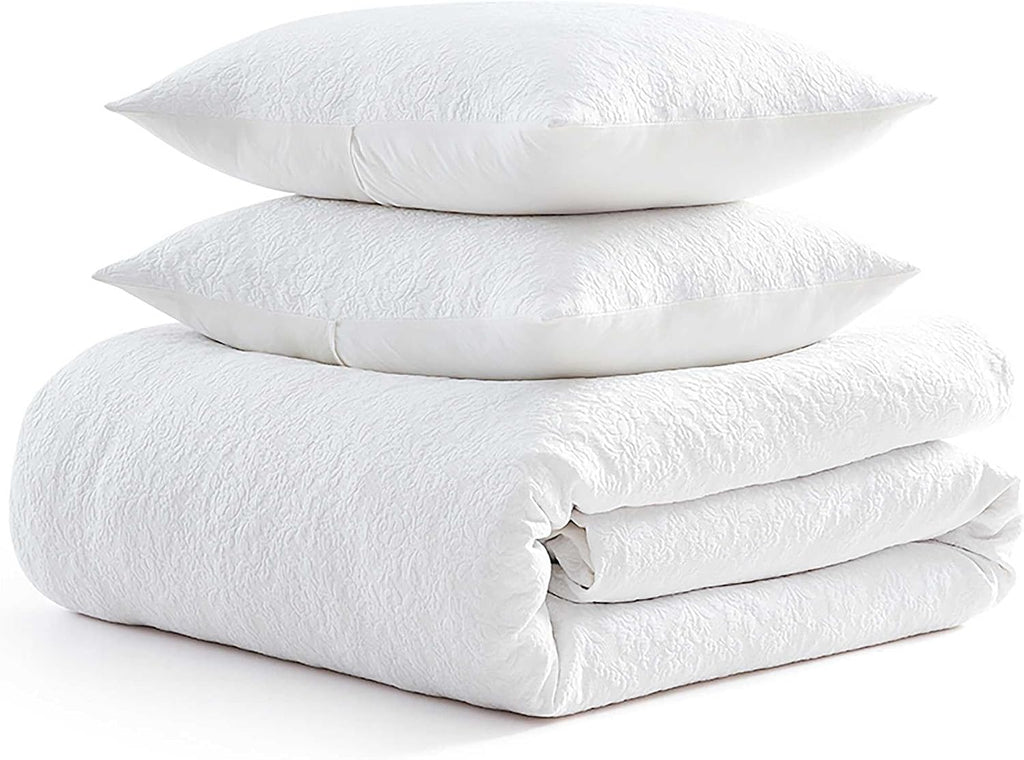 Martha Stewart - Queen Comforter Set, Naturally Soft Cotton-Rich Jacquard Bedding w/Matching Pillowcases, Textured 3 Piece Bed Set (Garden Trellis White)