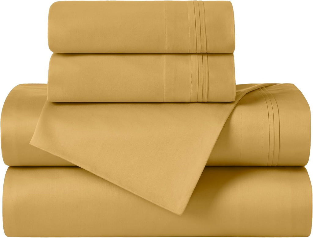 Superior Egyptian Cotton 4 Piece Sheet Set, 650 Thread Count, Modern Design, Sustainable Sheets, Ultra-Soft Basics, Solid, Deep Pocket Fitted Sheet, Flat Sheet, Pillowcases, King, Gold