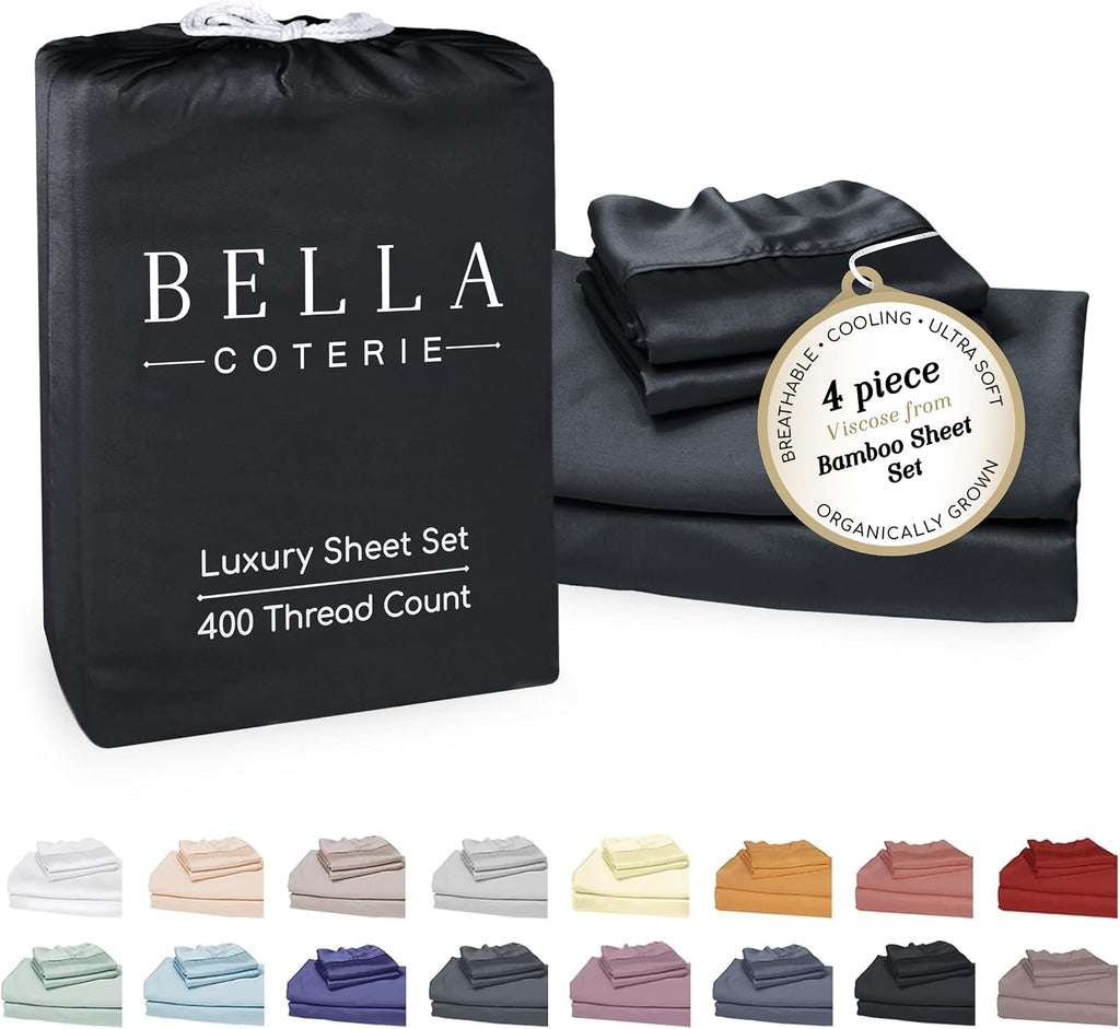 Bella Coterie Luxury Bamboo Viscose Queen Size Sheet Set | 100% Organically Grown | Ultra Soft | Cooling for Hot Sleepers | 18' Deep Pocket [Black]
