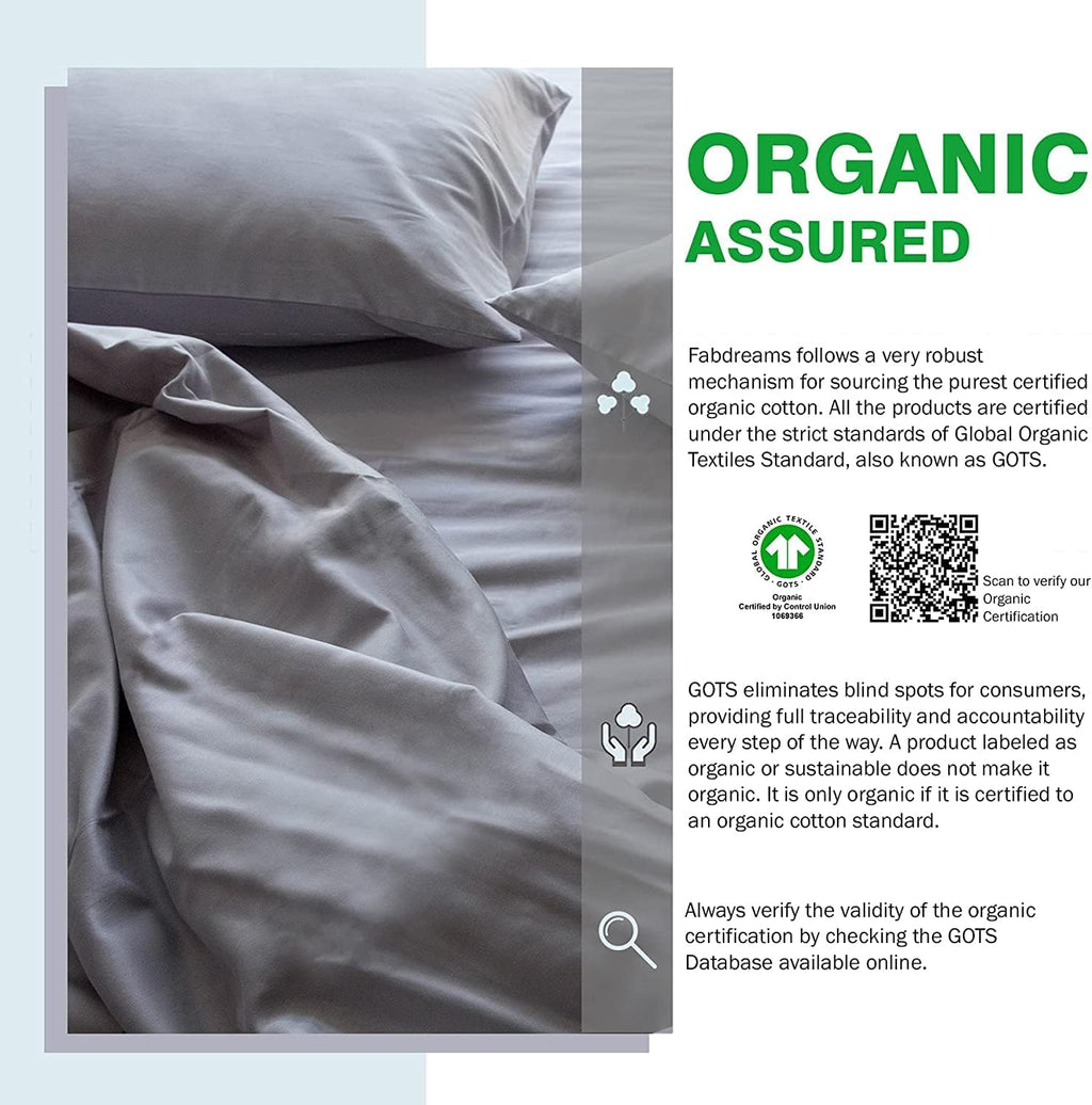 Fabdreams 100% Organic Cotton Percale Weave Queen Size Sheet Set, 300 TC, GOTS Certified, Cool & Crisp, Breathable, Fits Mattresses Up to 17' Deep, Durable Luxury – Light Gray