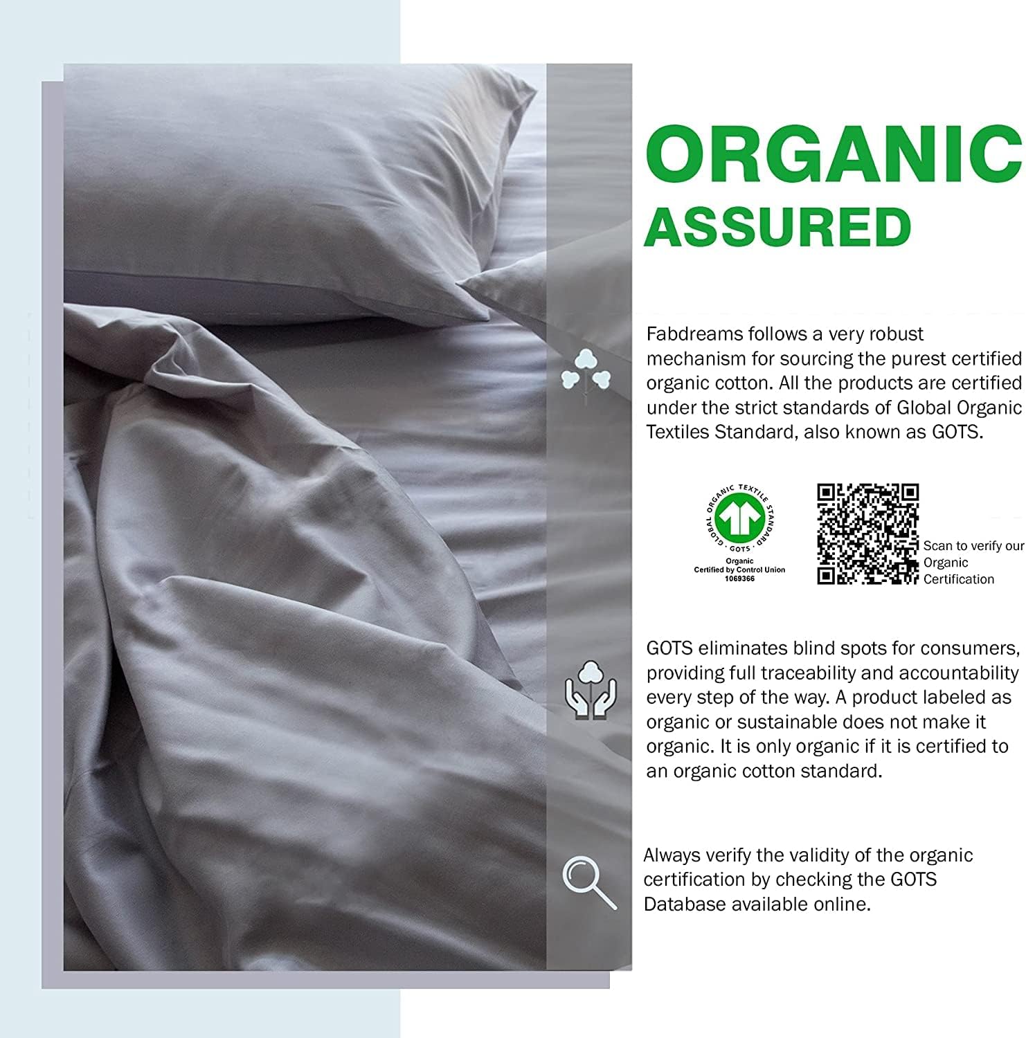 Fabdreams 100% Organic Cotton Percale Weave Queen Size Sheet Set, 300 TC, GOTS Certified, Cool & Crisp, Breathable, Fits Mattresses Up to 17' Deep, Durable Luxury – Light Gray
