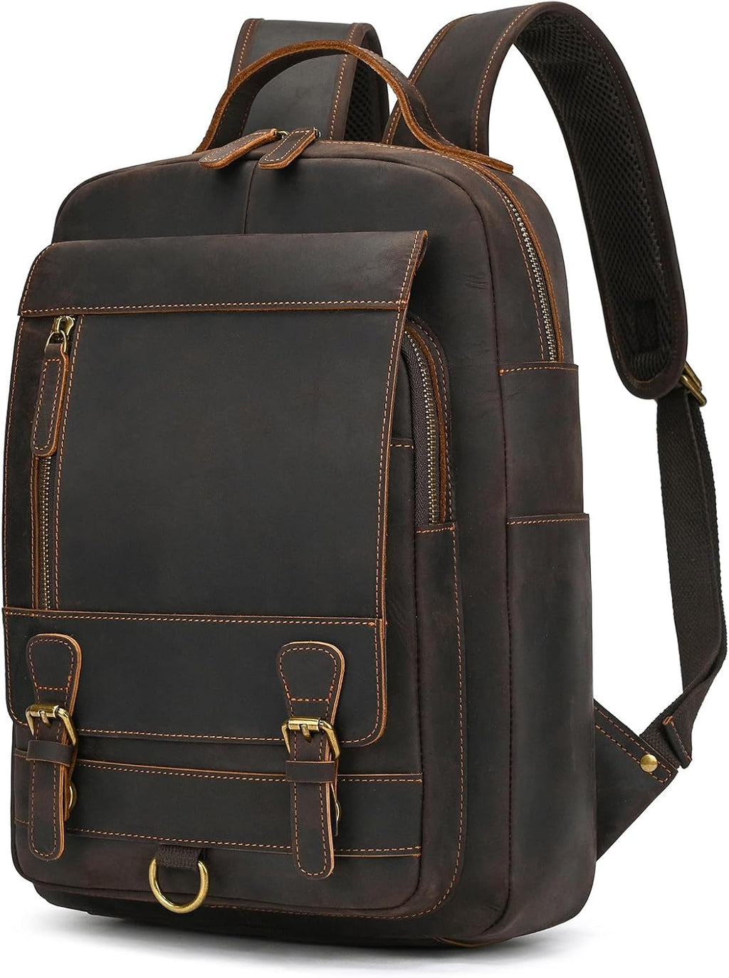 Vintage Full Grain Leather Backpack for Men, 16' Laptop Rucksack For Men Hiking Trave Work Business Bag, 1829 Dark Brown