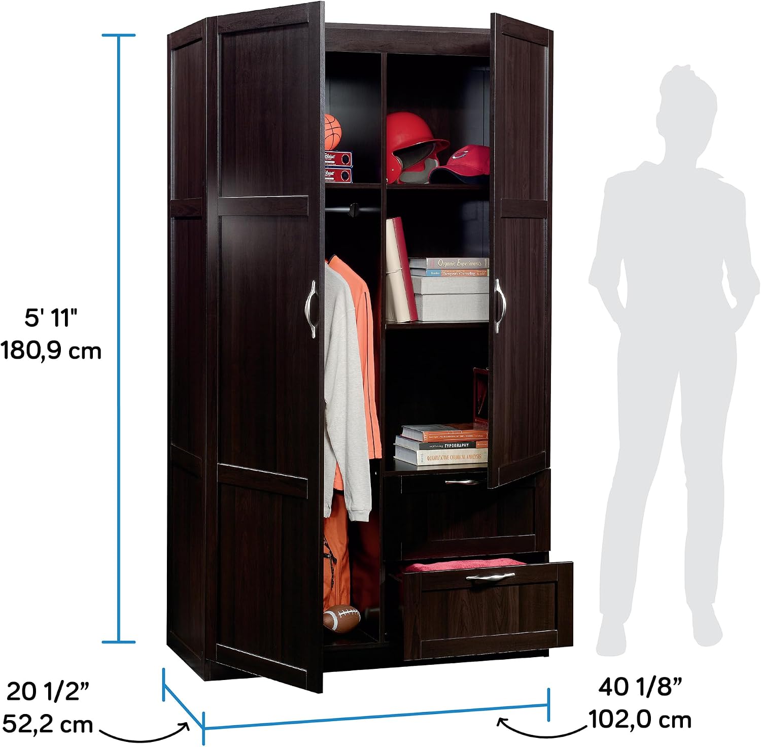 Sauder Select Multipurpose Bedroom Armoire Wardrobe Closet Pantry Storage Cabinet with Storage Drawers and Hanging Rail, in Cinnamon Cherry