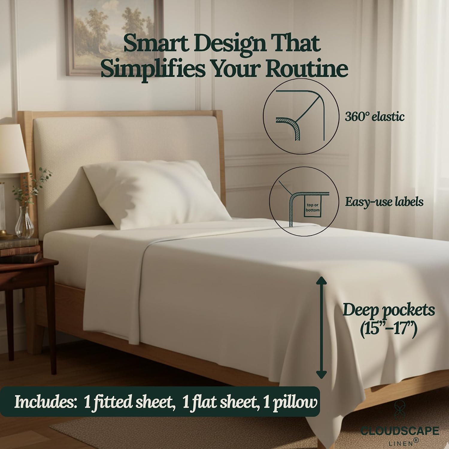 CLOUDSCAPE 100% Egyptian Cotton Sheets Twin XL Size, 3 Pcs Breathable and Naturally Cooling Bedding Set, Long-Staple Cotton for Lasting Softness, Deep Pocket Fitted up to 16', White