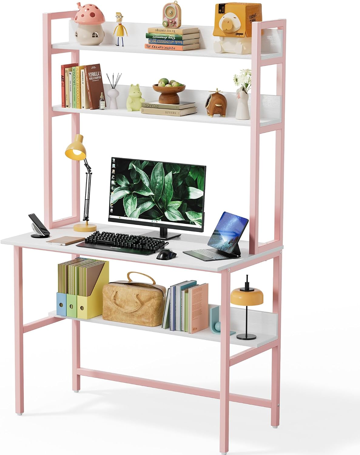 Aquzee Girls Desk with Hutch, 40'W x 19.6' D Computer Desk with Shelves, Tall Home Office Desk with Bookshelf, Metal Legs Study Table with Upper Storage Shelf for Study Writing/Workstation, Pink