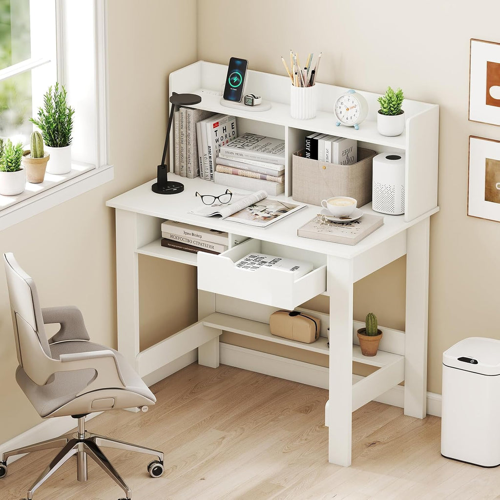 Giantex White Computer Desk with Hutch, Home Office Desk with Power Outlets, USB Ports, Type-C, Storage Shelf & Drawer, Modern Laptop PC Table Computer Workstation, Study Writing Desk for Bedroom