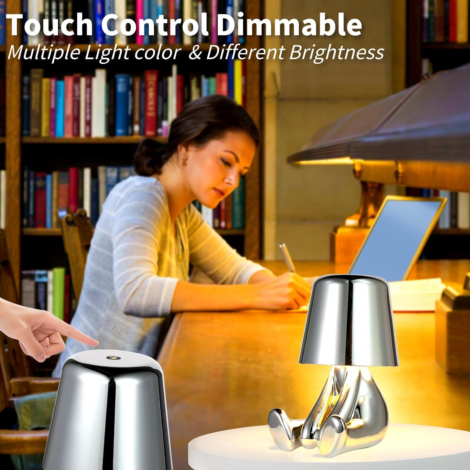 Thinker Lamp Collection, Touch Table Lamp Cordless Rechargeable Desk Lamp Silver Cute Decor Thinker Statue Battery Operated Night Light for Home Office, Bedroom, Living Room (Collection)