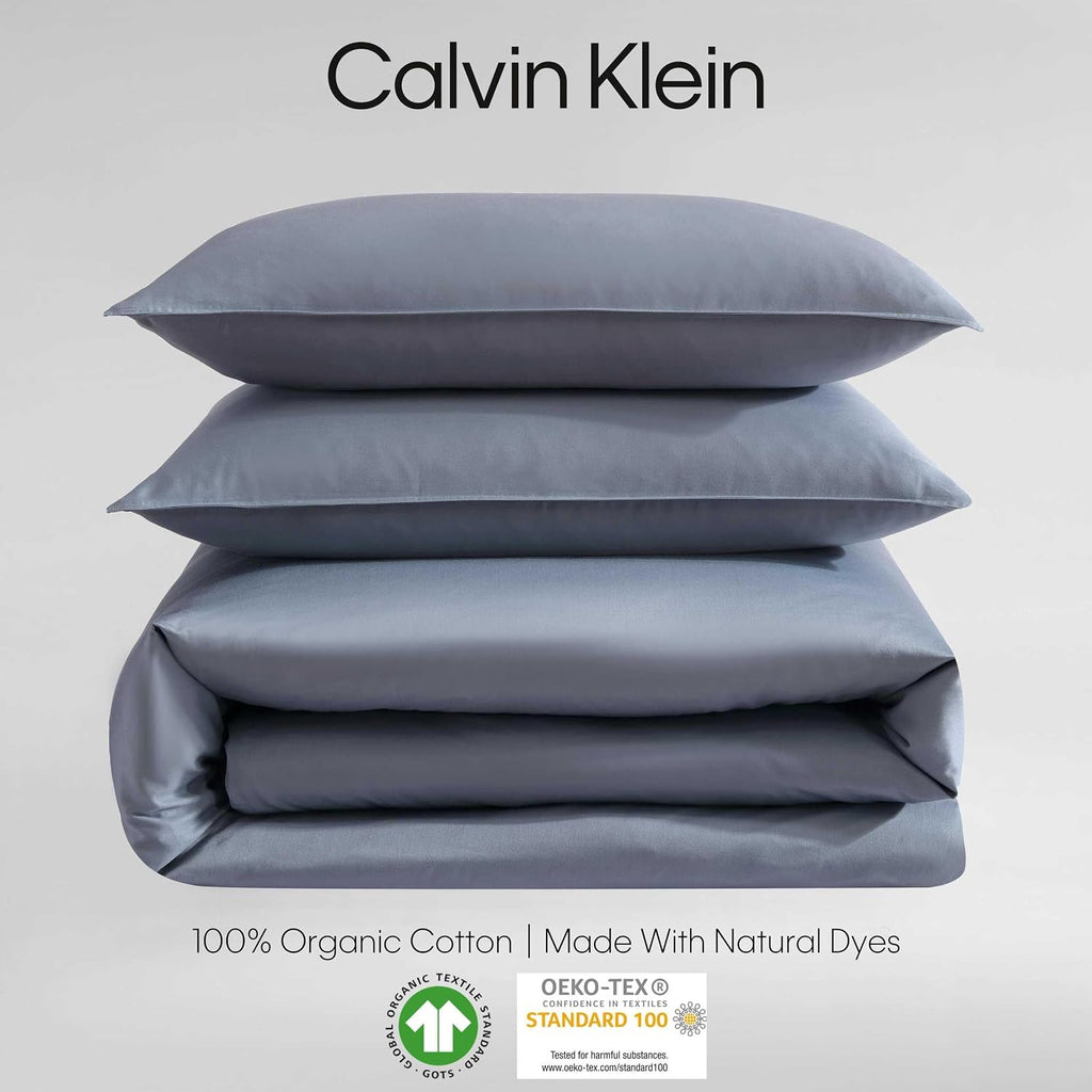Calvin Klein - King Duvet Cover Set, Organic Cotton Sateen Bedding, Luxuriously Soft Home Decor, GOTS Certified (Organic Earth Dusk Blue, King)
