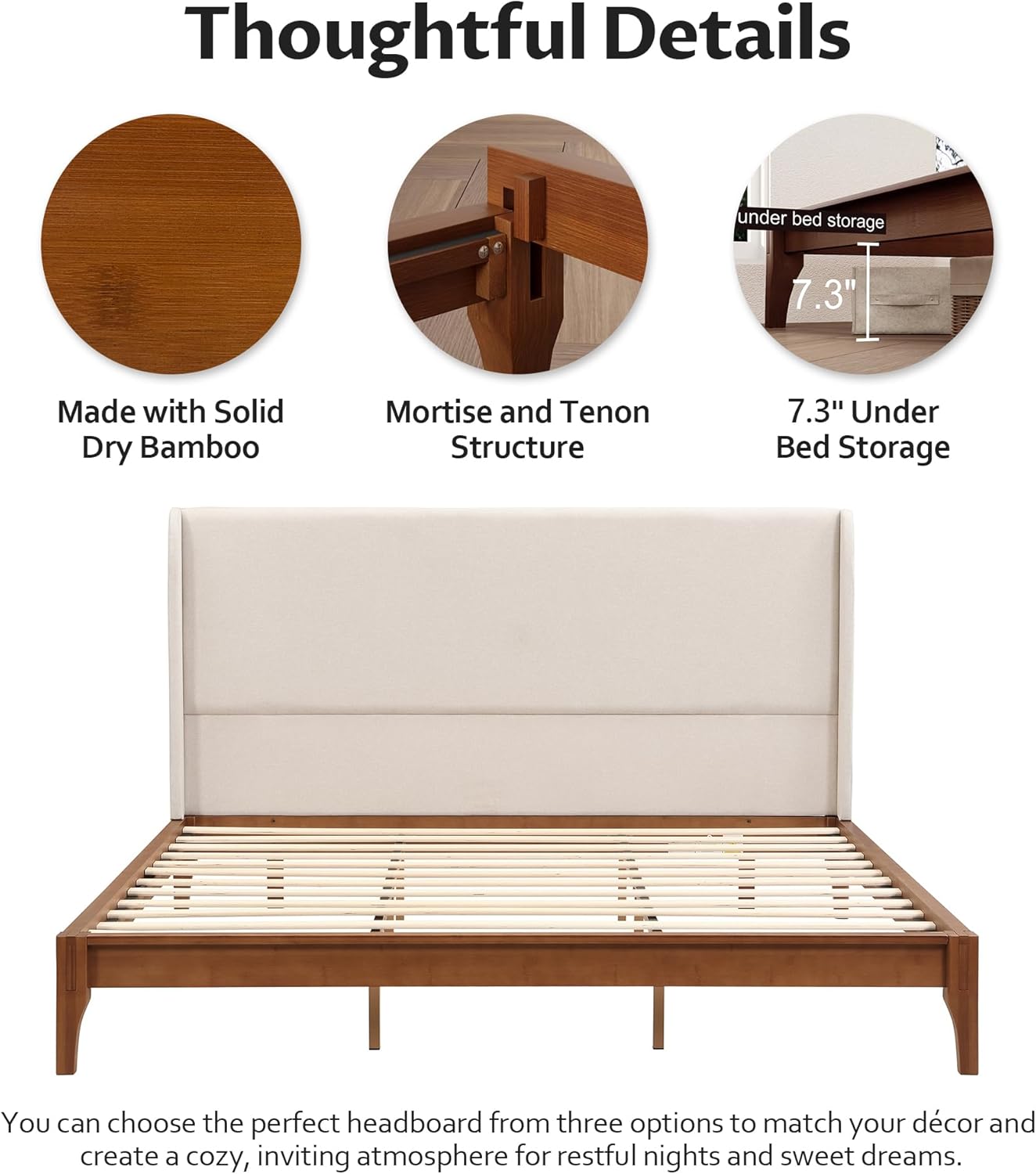 Merax King Size Bamboo Platform Bed, Mid-Century Bed Frame with Tall Upholstered Headboard, Wood Slat Support, No Box Spring Needed, Easy Tool-Free Assembly, Beige+Brown