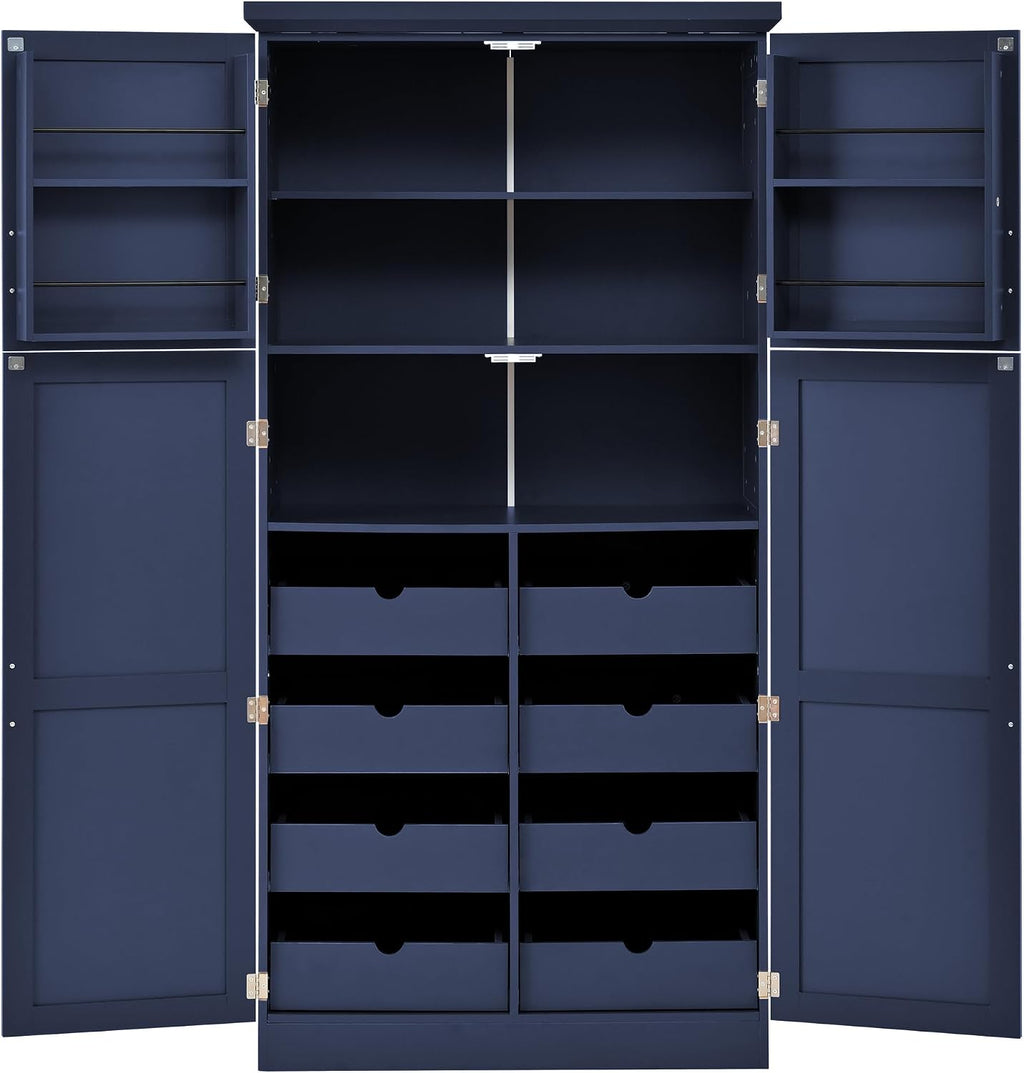 70.9 inch Kitchen Pantry Cabinet, Wood Freestanding Tall Storage Cabinet with 4 Doors and 2 Door Shelves, 8 Pull-Out Trays and Adjustable Shelf for Dining Room (Blue/65e)