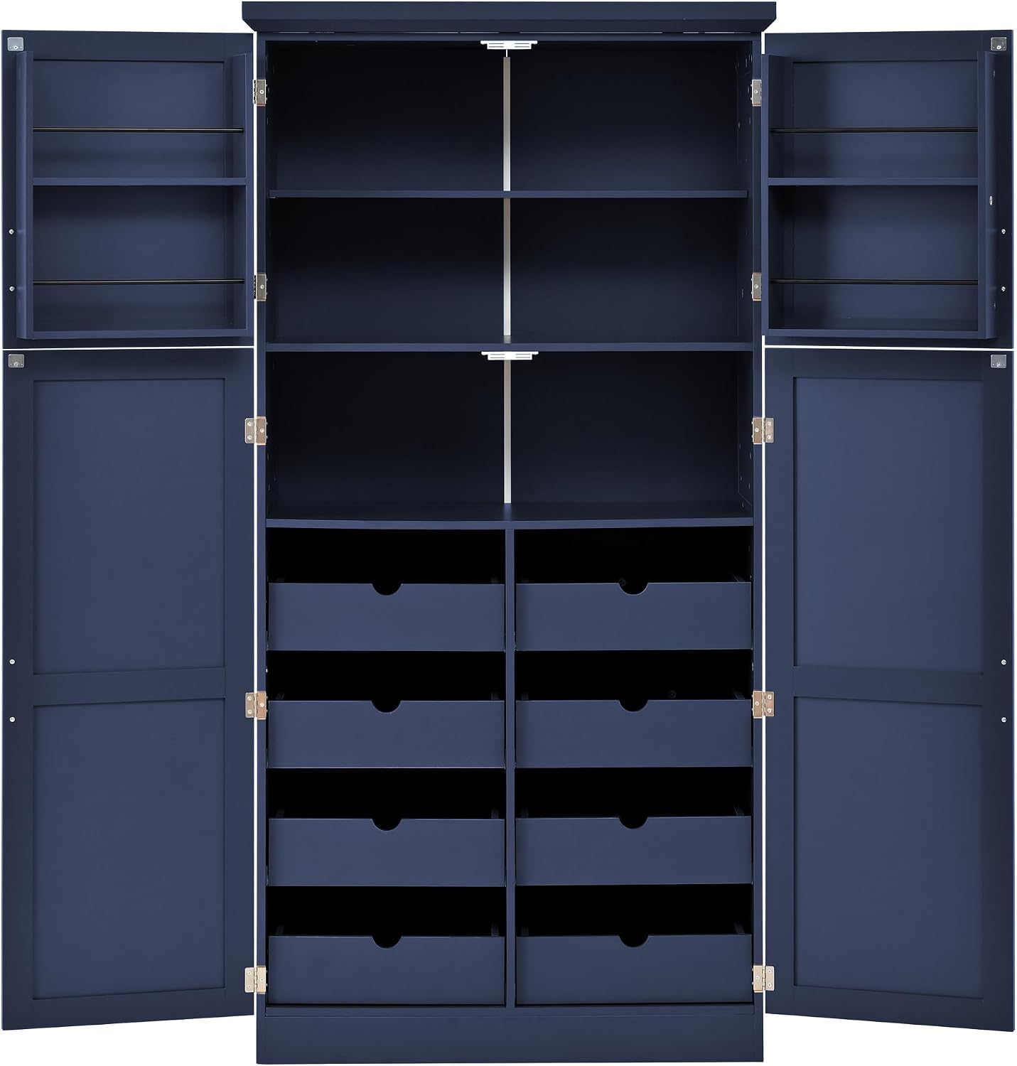 70.9 inch Kitchen Pantry Cabinet, Wood Freestanding Tall Storage Cabinet with 4 Doors and 2 Door Shelves, 8 Pull-Out Trays and Adjustable Shelf for Dining Room (Blue/65e)