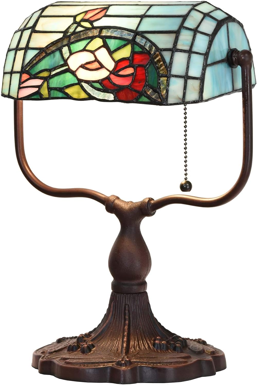 Bieye L10760 Rose Flower Tiffany Style Stained Glass Bankers Desk Lamp Table Lamp for Working Office Living Room Bedside Home Decoration, 9' W x 15' H, Red Green