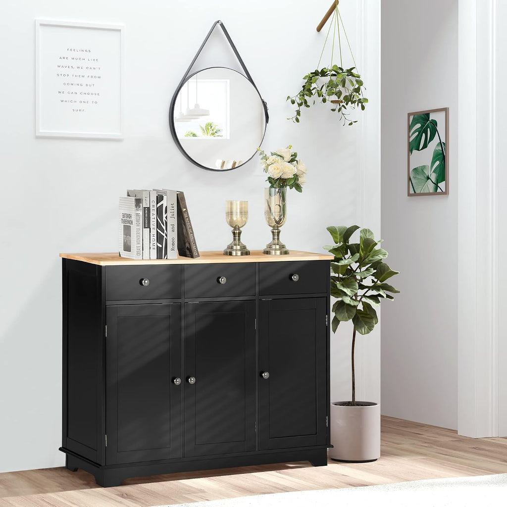 HOMCOM Sideboard Buffet Cabinet with Solid Wood Countertop, Modern Kitchen Storage Cabinet, Coffee Bar Cabinet with 3 Drawers, Doors and Adjustable Shelf, Black
