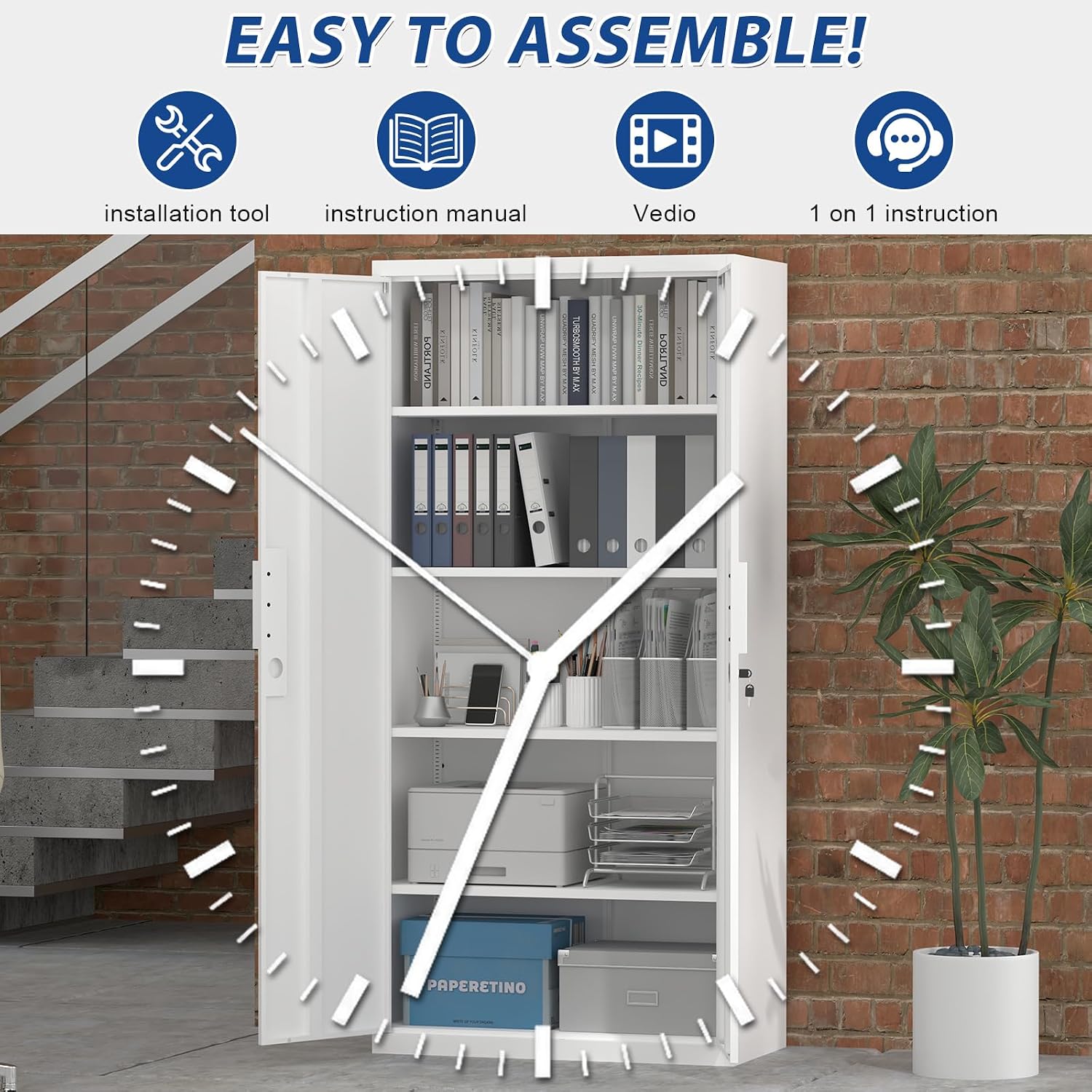 72' H Metal Garage Storage Cabinet with 2 Doors and 4 Shelves, White Steel Locking File Cabinet, Metal Storage Cabinets for Office, Home, Garage, Gym, School