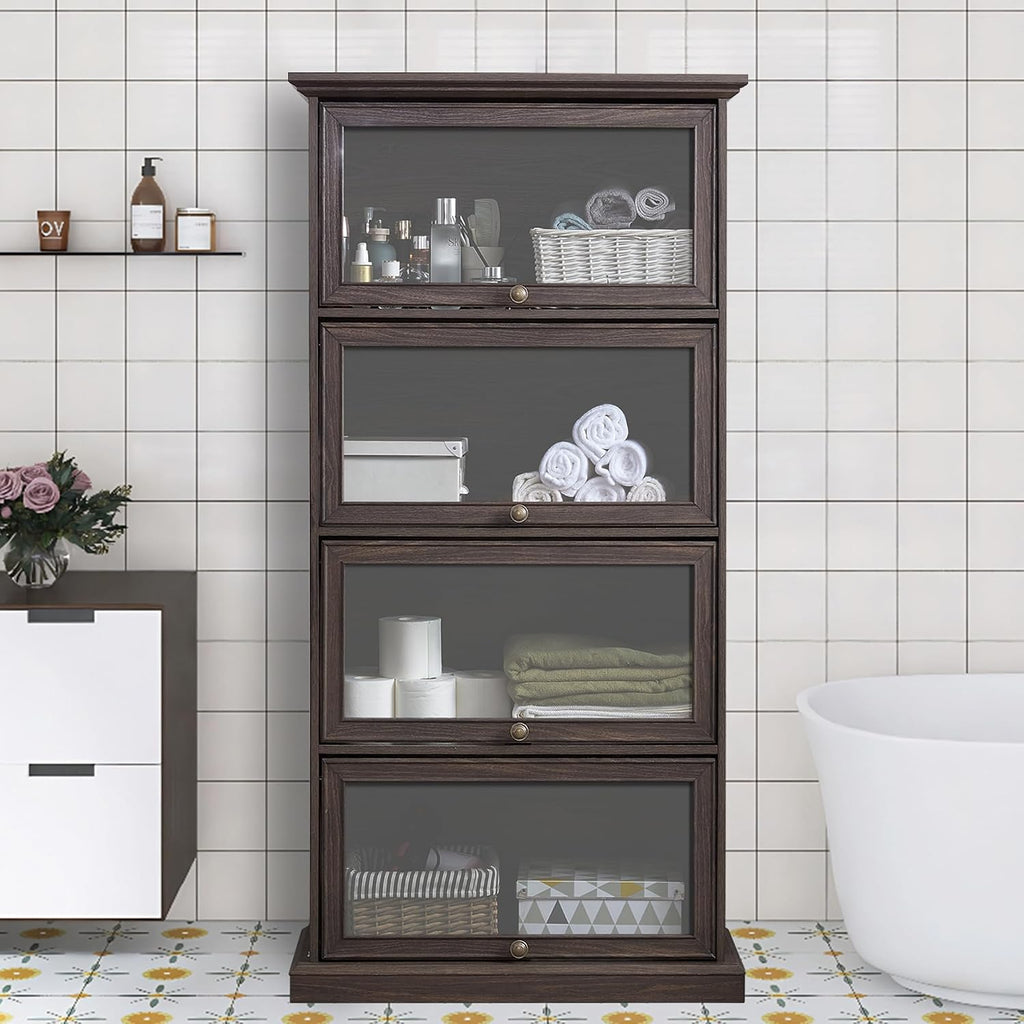 Brown Glass Display Curio Cabinet, Barrister Bookcase with Glass Doors, Rustic Brown Wood Display Cabinet, 31.5'L x 13.7'W x 63'H