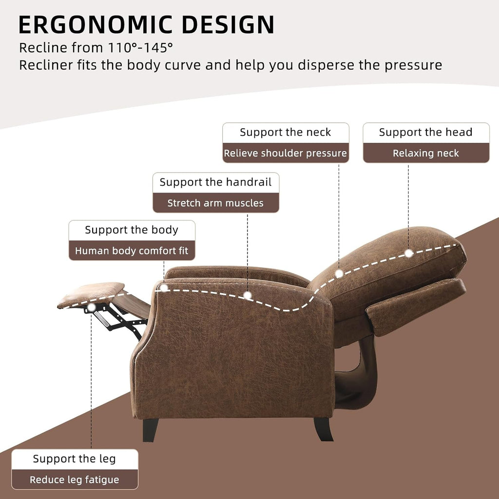 Push Back Recliner Chair Faux Leather Pushback Armchair with Rivet Decoration Wingback Single Sofa Chair with Padded Seat Solid Wood Legs for Living Room, Comfy Upholstered Set of 2, Brown