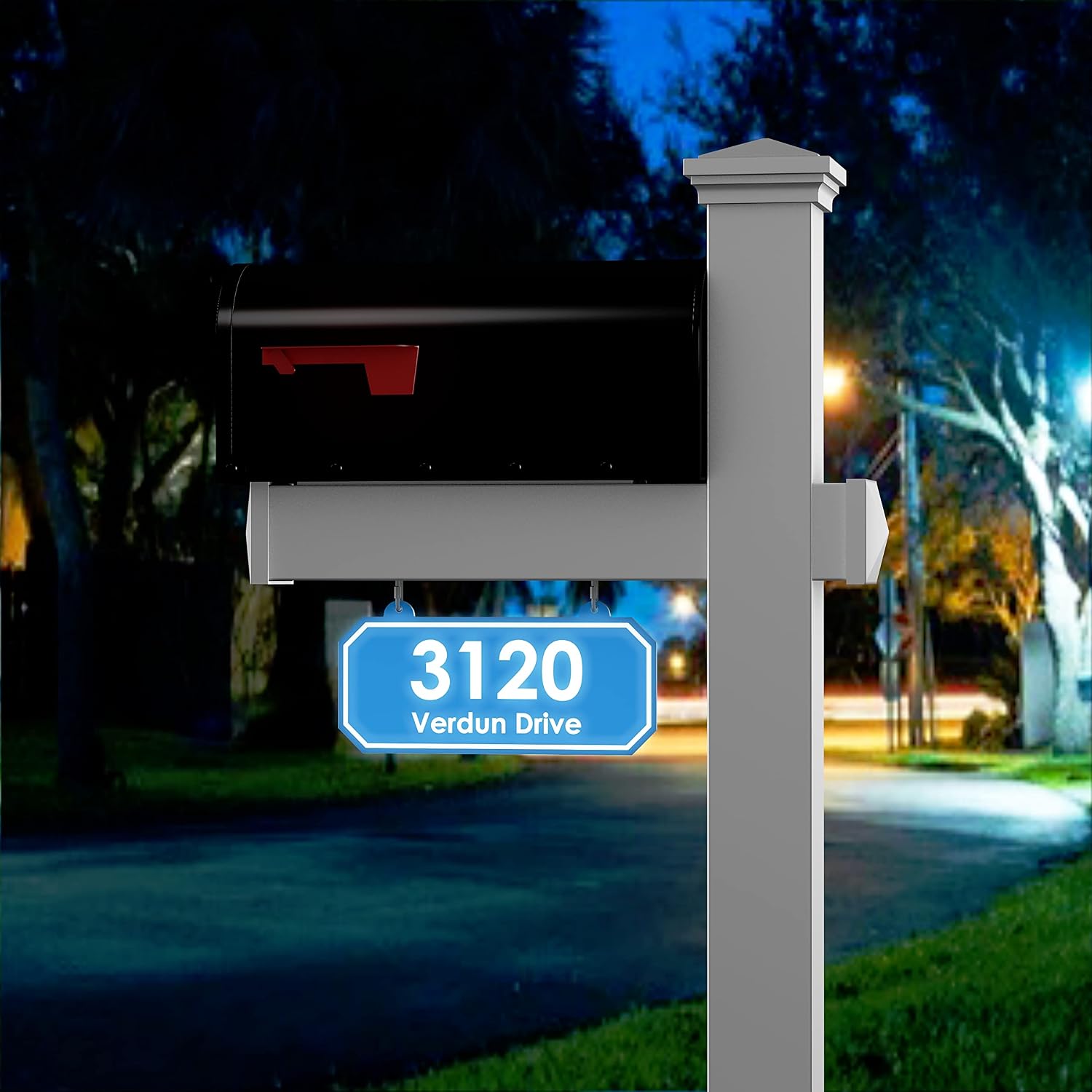 4Ever Products The Rockport Vinyl Mailbox Post System - Includes Black Steel Mailbox and Custom Street Address (Blue)