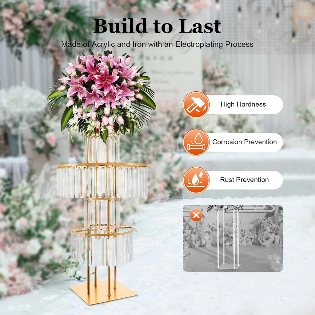 2PCS Wedding Gold Vases Centerpieces, 5 Tier Chandelier Centerpiece, Round Chandelier Pedestal Stand, Crystal Vases for Wedding Reception Birthday