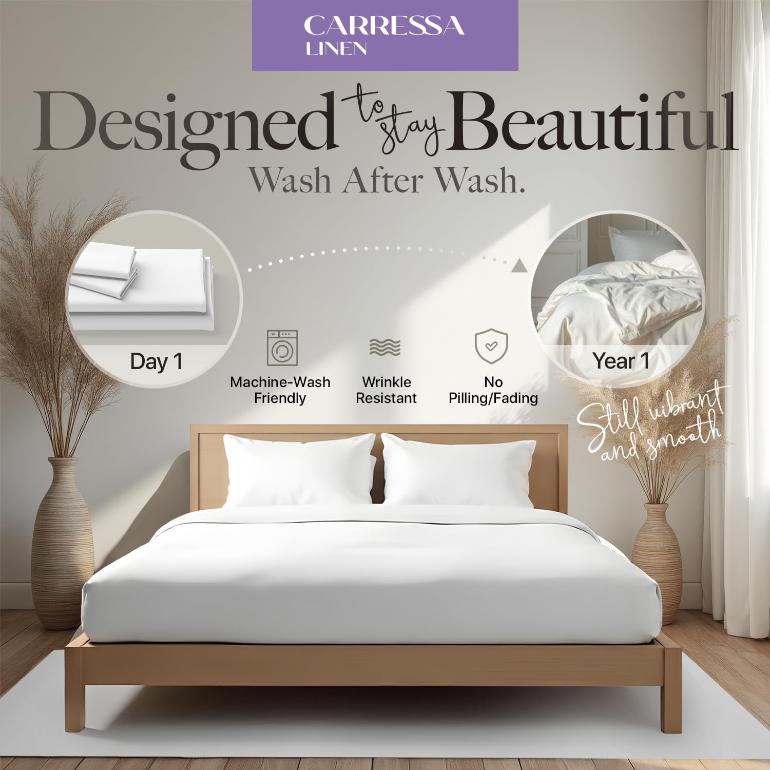 Carressa Linen 100% Egyptian Cotton Queen Sheet Set - 600 Series Hydrangeas Collection Egyptian Cotton Queen Sheets Set (8 PC, Crisp White), 16' Deep Pocket Sateen Weave Luxury Hotel Bed Sheet