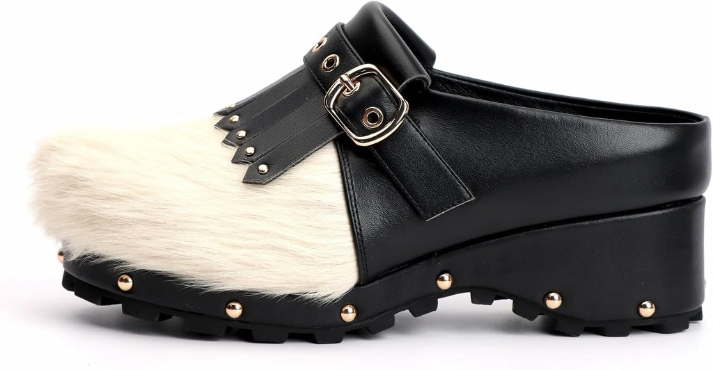 XOBZJH Women's Cowhide Platform Clogs – Calf Hair & Leather Patchwork Mules with Rivets, Arch Support, Memory Foam Insole, Chunky Western Mules for All-Day Comfort