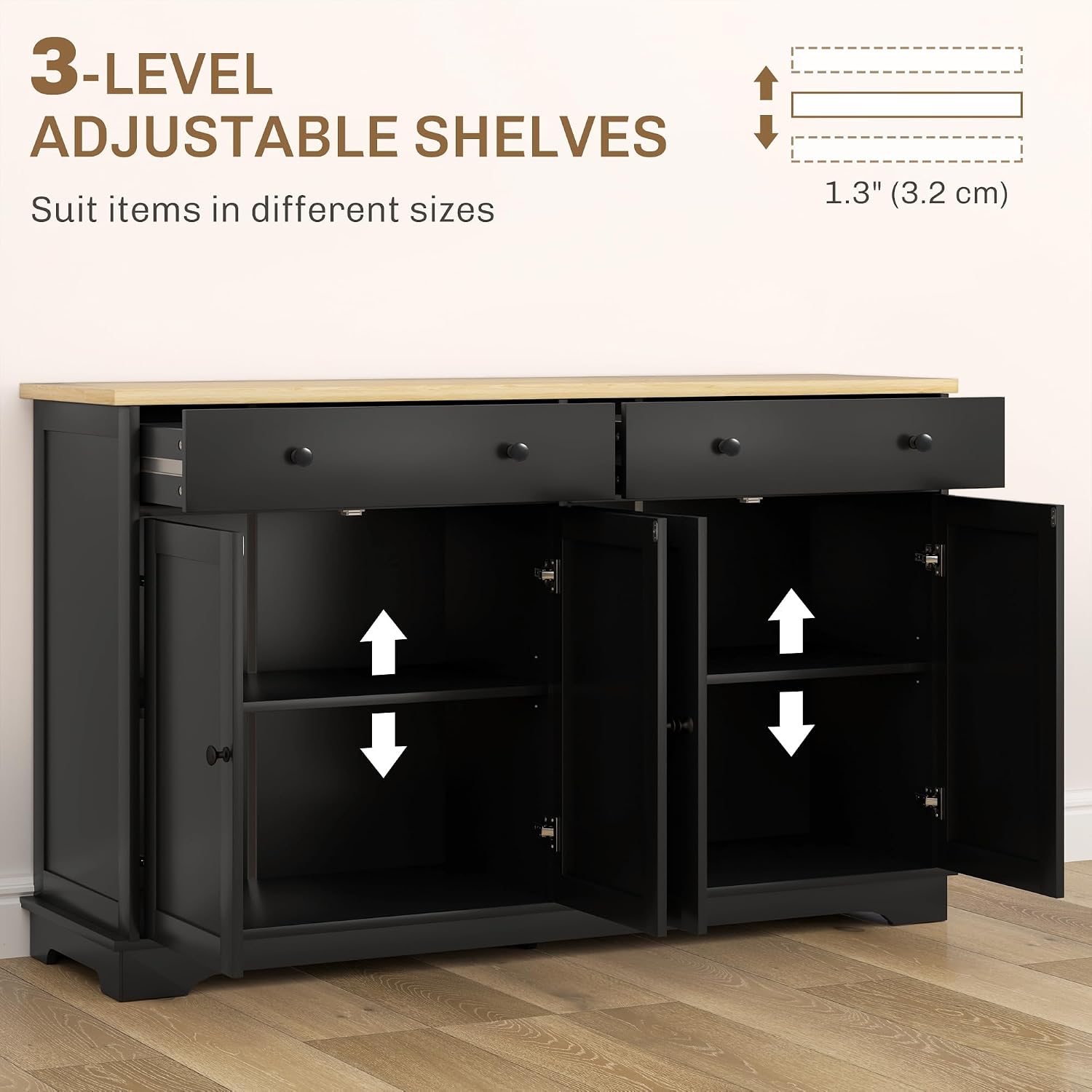 HOMCOM Sideboard Buffet Cabinet with Storage, 55' Modern Kitchen Cabinet with 4 Doors, 2 Drawers and 2 Adjustable Shelves, Coffee Bar Cabinet, Black