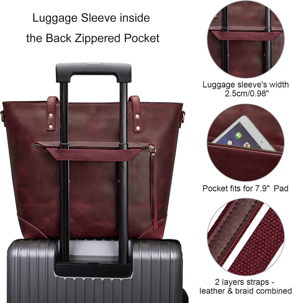 S-ZONE Vintage Genuine Leather Shoulder Bag Work Totes for Women Purse Handbag with Back Zipper Pocket Large
