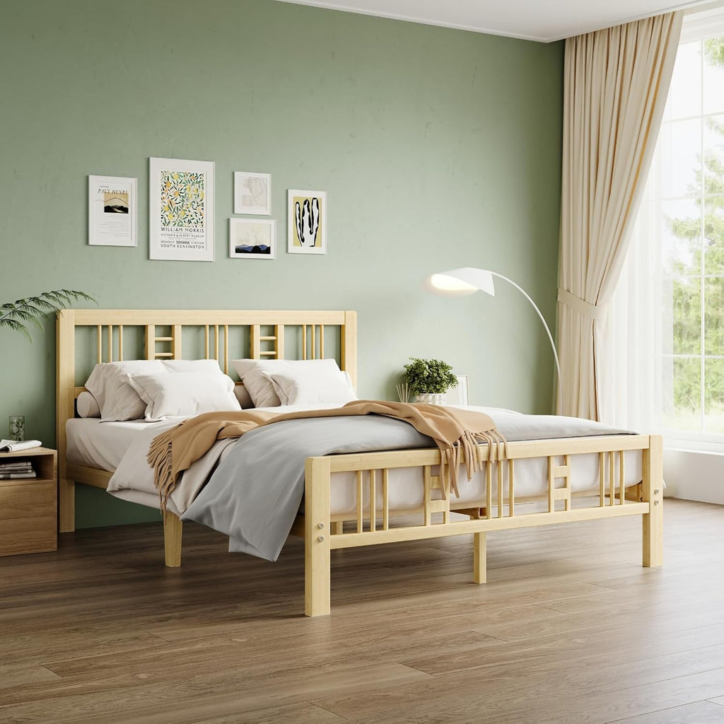 10 Inch High Bamboo Queen Bed Frame with Headboard and Footboard, Wood Bed Frame Queen Size Metal Slat Support Heavy Duty, No Box Spring Needed, Easy Assembly, Noise Free, Reinforced