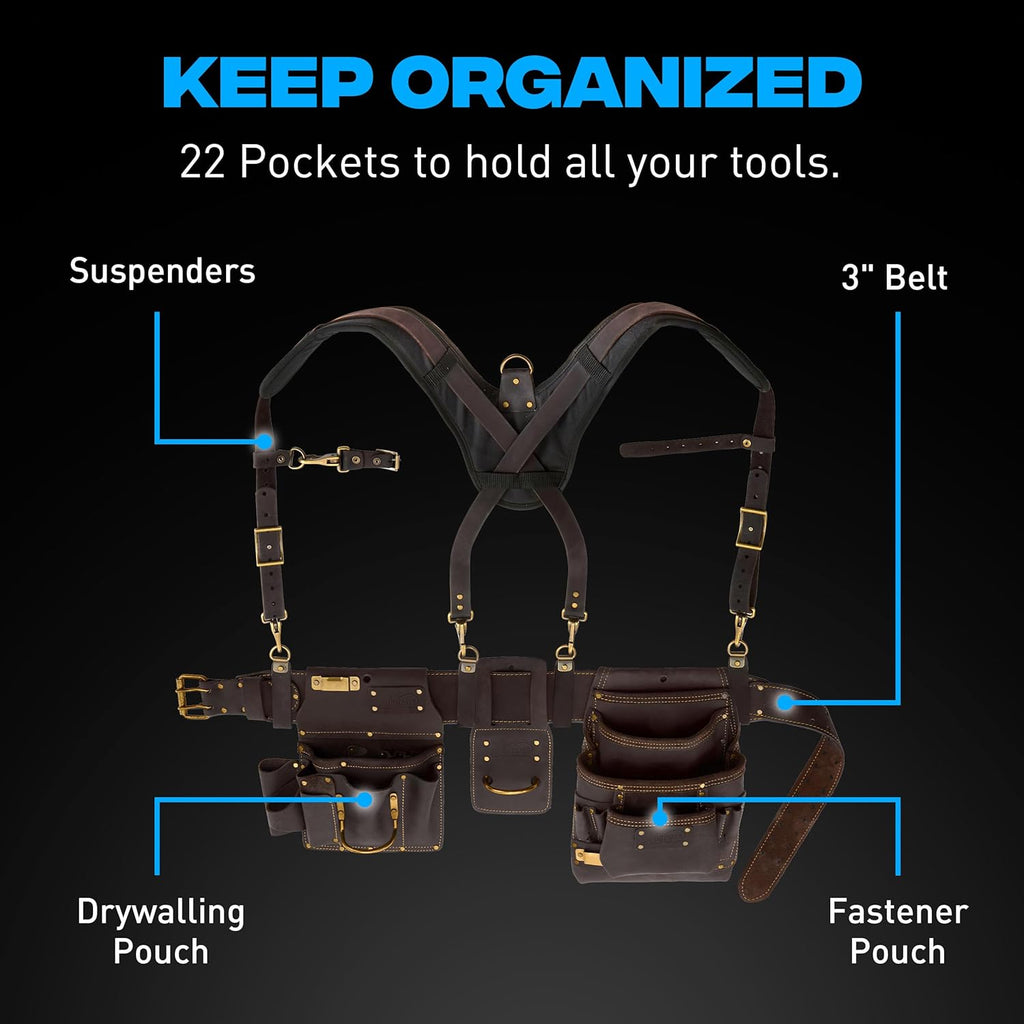 Ox Pro Drywall Tool Belt with Padded Suspenders - 22-Pocket Leather Tool Pouches - Belt (XL) Made of Oil-Tanned Leather with Double-Stitching and Steel Rivets - OX-P263807