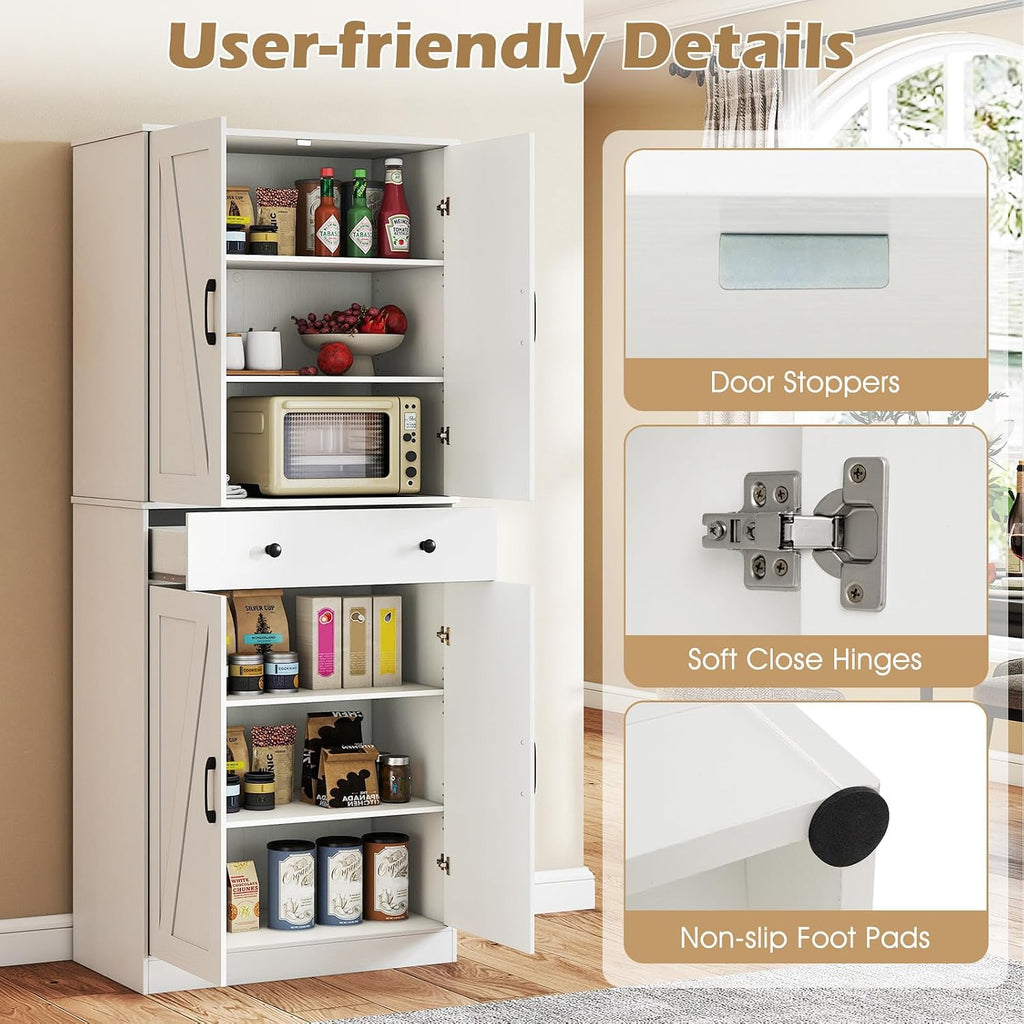 Giantex 72' Tall Kitchen Pantry Cabinet, Modern Farmhouse Pantry Storage Cabinet with 4 Barn Doors, Adjustable Shelves & Drawer, Buffet Cupboard with Living Room, Dining Room, Bathroom, White