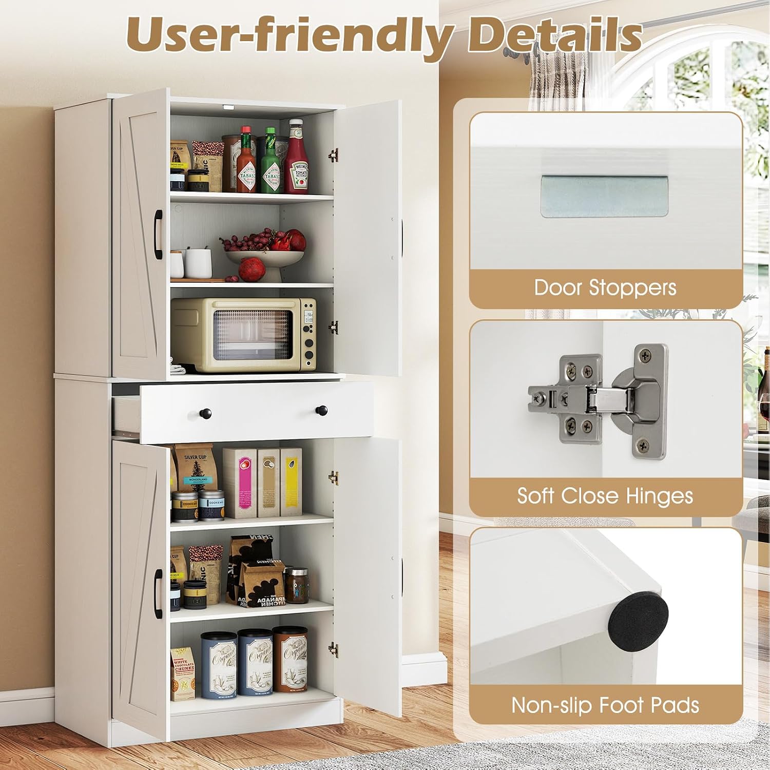 Giantex 72' Tall Kitchen Pantry Cabinet, Modern Farmhouse Pantry Storage Cabinet with 4 Barn Doors, Adjustable Shelves & Drawer, Buffet Cupboard with Living Room, Dining Room, Bathroom, White