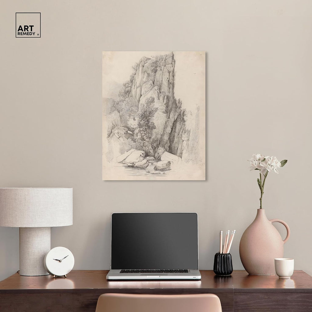 Art Remedy Rock Cliffs above a Stream 1818 Canvas Classic Sketches, Gallery Wrapped, 20' x 24'