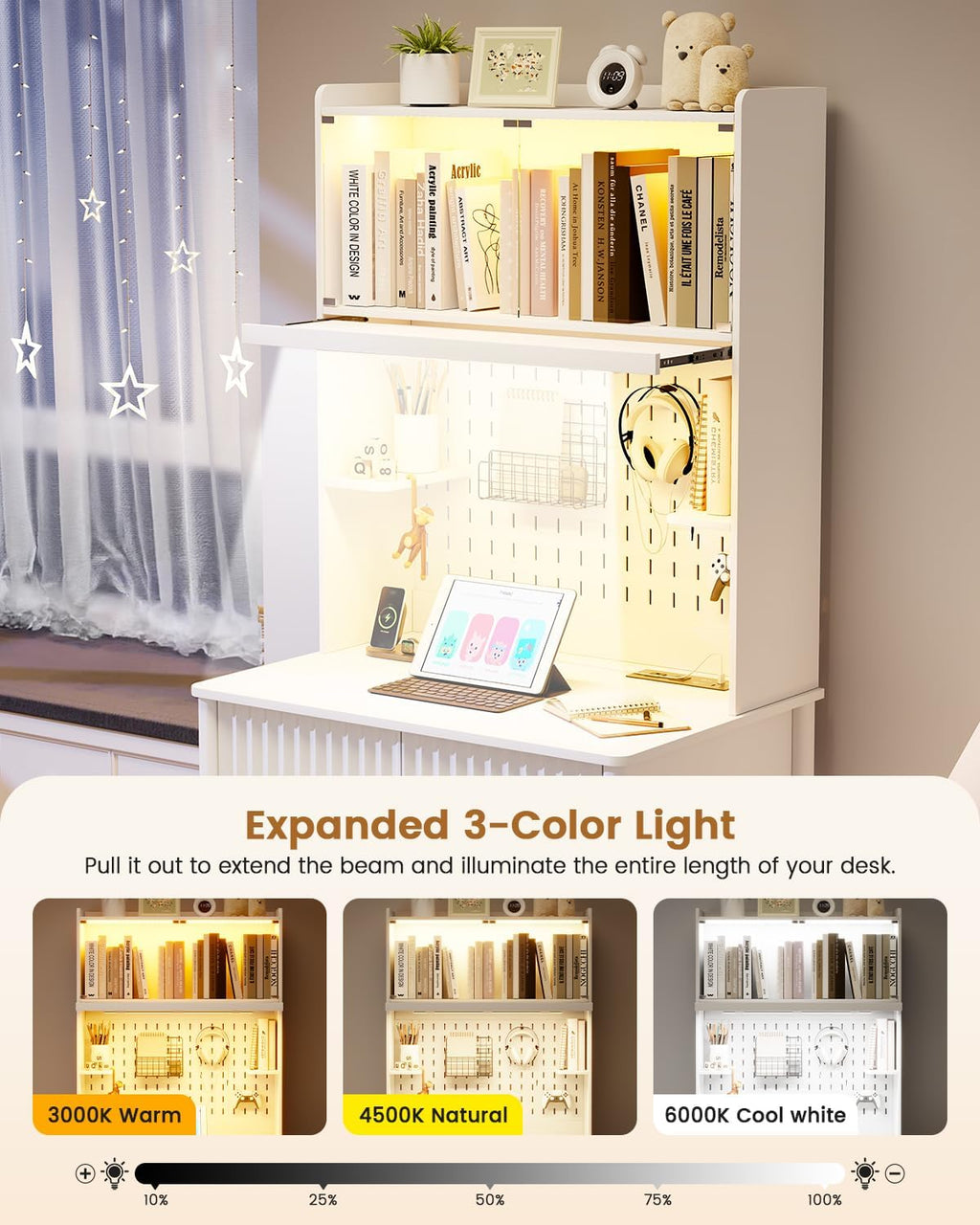 HNEBC White Computer Desk - with Power Outlets & Chariging Station,Small Writing Desk with Hutch and Drawers,66.3''H Office Desk with Pull-Out LED Lights,Pop-up Glass Door,Pegboards,Bedroom