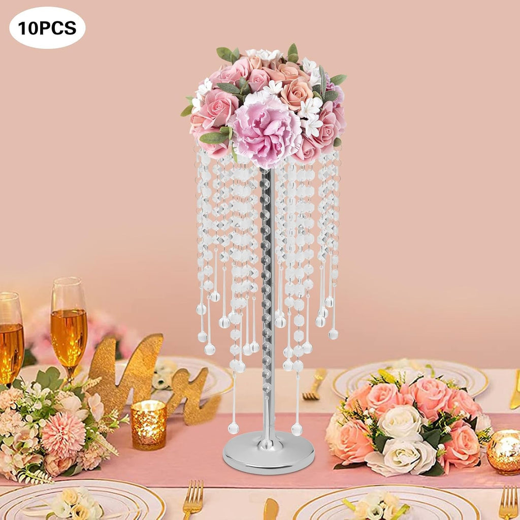 10PCS Crystal Flower Stand Wedding Centerpieces 21.7 Inch Tall Sliver Vases Metal Flower Candle Holder with Sparkling Crystal for Table Wedding Party Dinner Event Decor (Silver-7)
