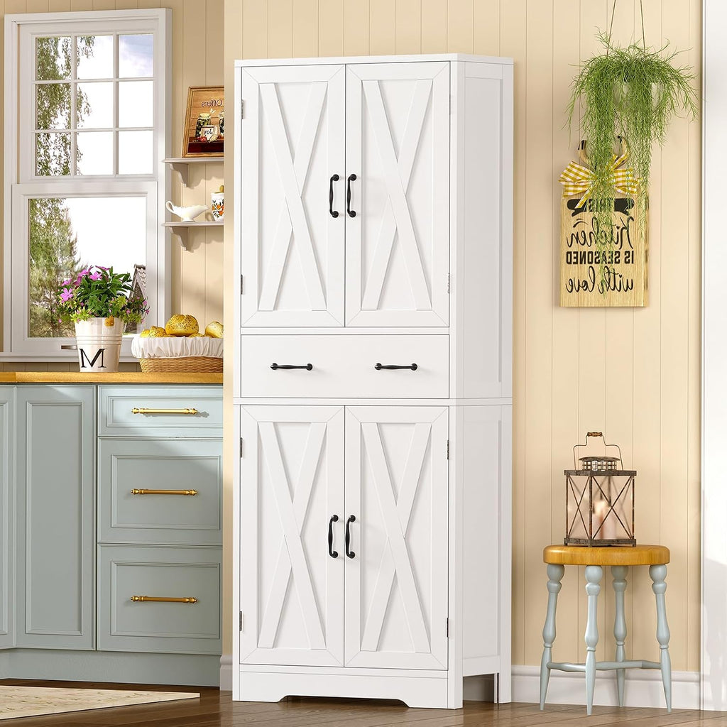 TEENFON Tall Storage Cabinet with 2 Adjustable Shelves & 1 Large Drawer, Kitchen Pantry Cabinet with 4 Doors, Bathroom Storage Cabinets, for Living Room, Kitchen, Bathroom, White
