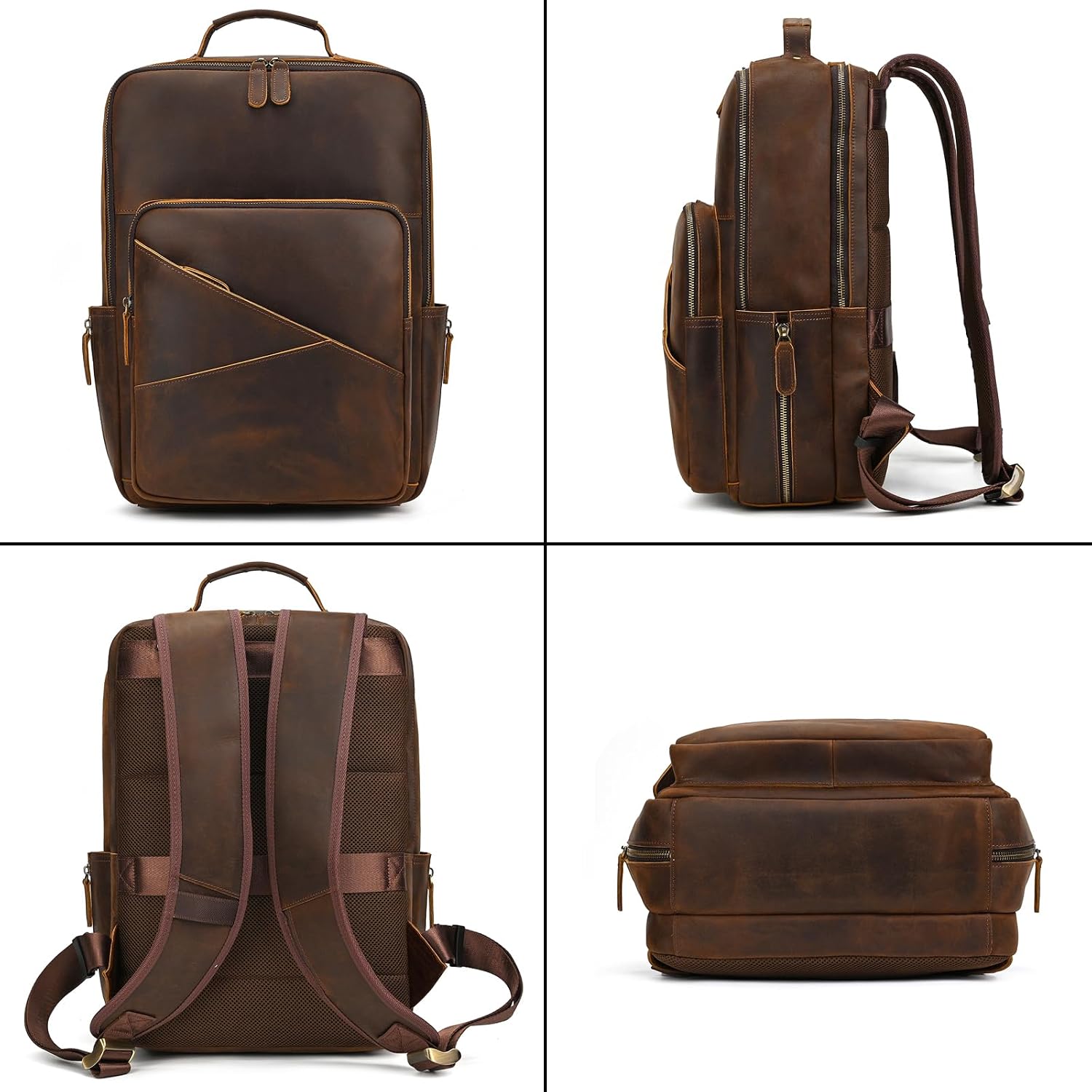 Vintage Full Grain Leather Backpack for Men, 16' Laptop Rucksack For Men Hiking Trave Work Business Bag, Brown