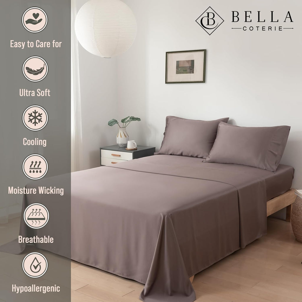 Bella Coterie Luxury Bamboo Viscose Queen Size Sheet Set | 100% Organically Grown | Ultra Soft | Cooling for Hot Sleepers | 18' Deep Pocket [Mocha]