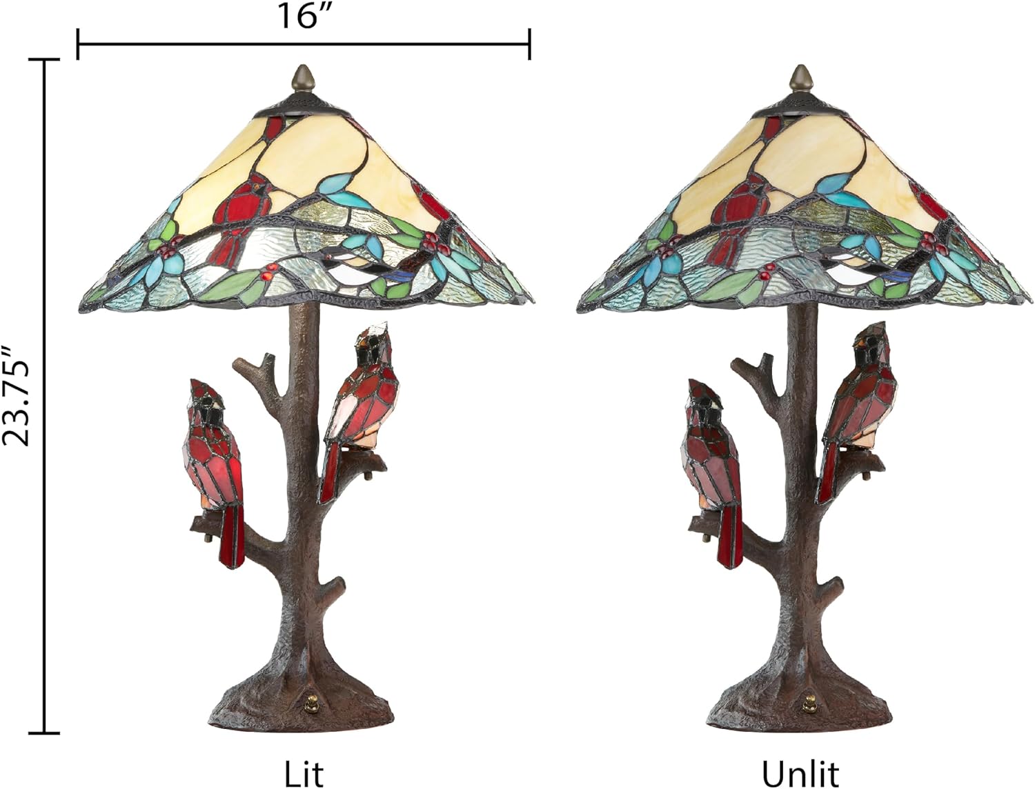 RIVER OF GOODS - Stained Glass Triple Lit Cardinals on Tree Table Lamp - 23.75' in - Table Lamp for Bedroom - Bedside Lamp - Desk Lamps for Home Office - Tiffany Style - Multi Color