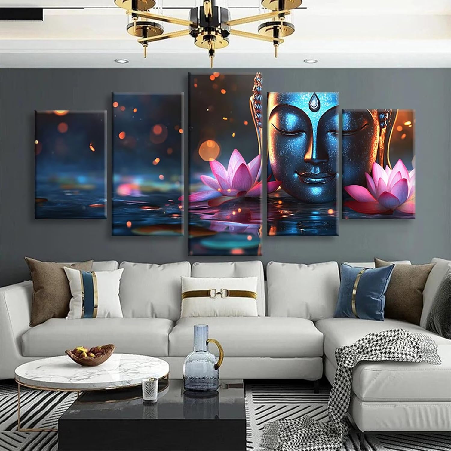 Lotus Diamond Art 5 Piece Diamond Painting Zen 5D DIY Full Square Drill Dimond Art Paintings Rhinestones Crafts for Adults Gem Painting for Home Decor, Large Artwork for Wall 48 x 100 Inch, Model396
