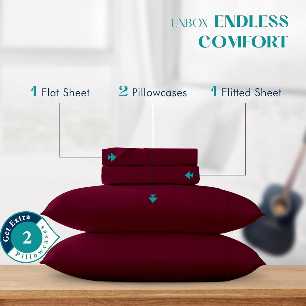 XOOX Linen 100% Egyptian Cotton Queen Sheet Set - Luxury 1200 High Thread Count Egyptian Cotton Sheets Queen Size (4 PC, Burgundy), Silky Soft, Cooling, 17' Deep Pocket Sateen Weave Hotel Bedding
