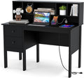 Tangkula Black Desk with Drawers & Hutch, Modern Home Office Desk with Power Outlets, USB Ports & Type-C, Writing Study Desk with 5-Cubby Hutch, Computer Workstation Makeup Vanity Desk