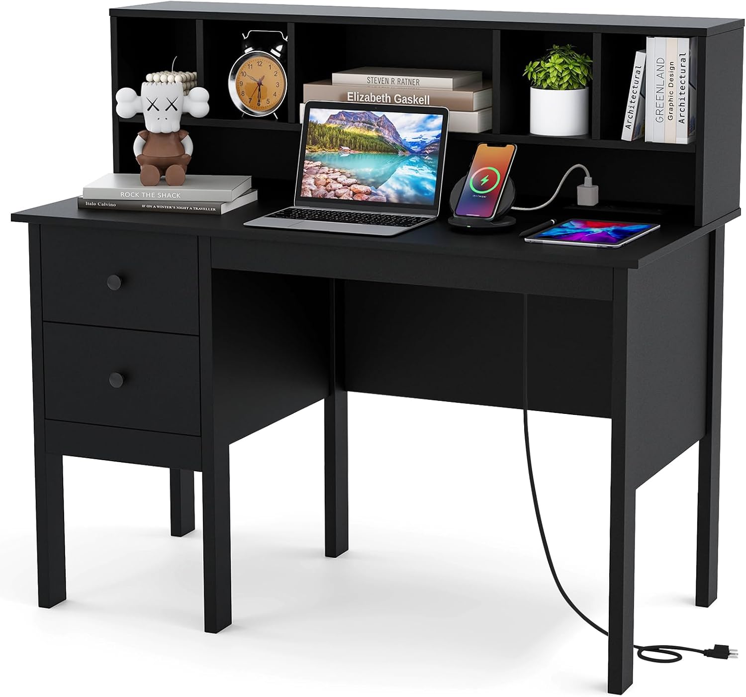Tangkula Black Desk with Drawers & Hutch, Modern Home Office Desk with Power Outlets, USB Ports & Type-C, Writing Study Desk with 5-Cubby Hutch, Computer Workstation Makeup Vanity Desk