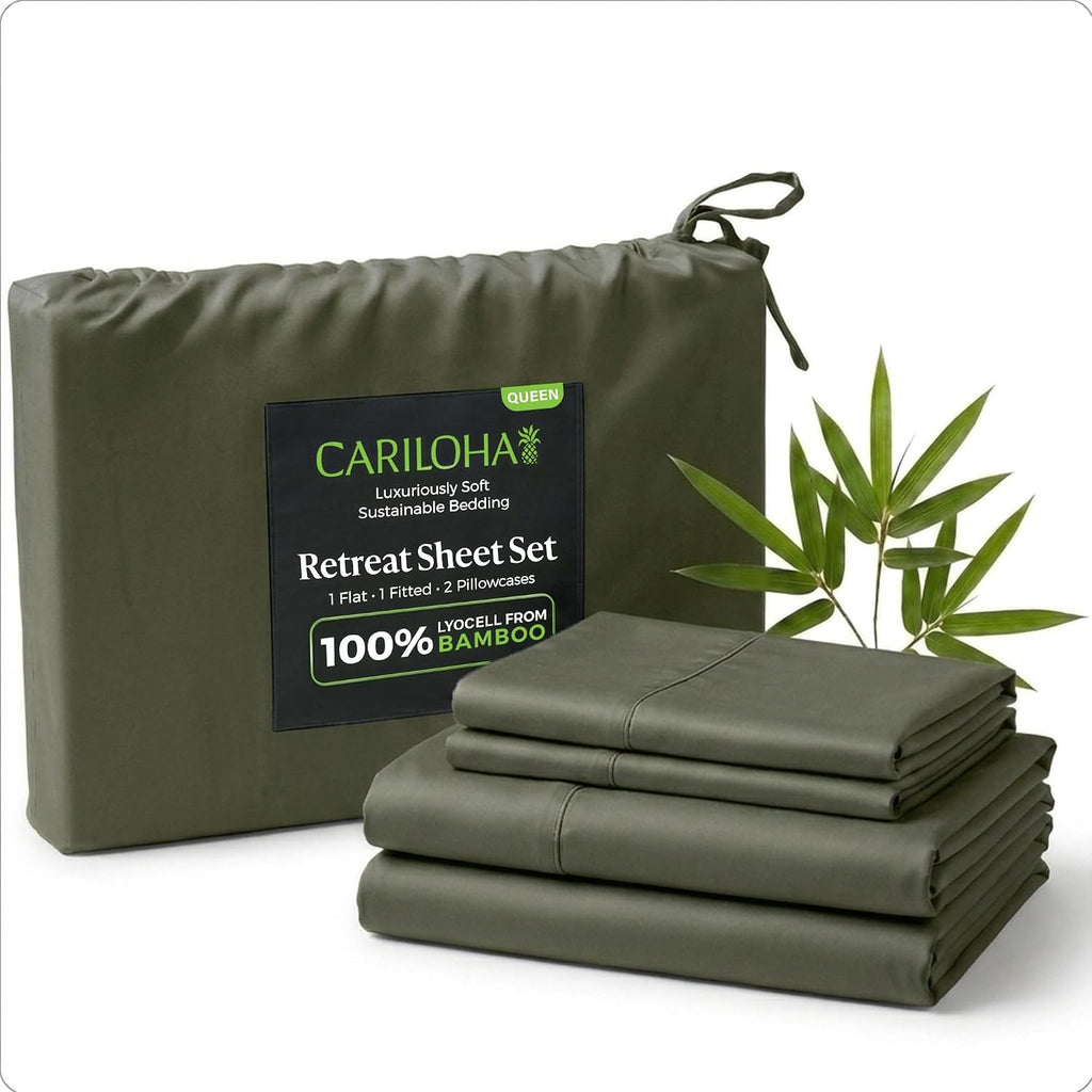 Cariloha Retreat 4-Piece Sateen Sheet Set | Oasis Green | Queen | Lyocell Material | Breathable, Corner Straps, Extra Soft & Cooling