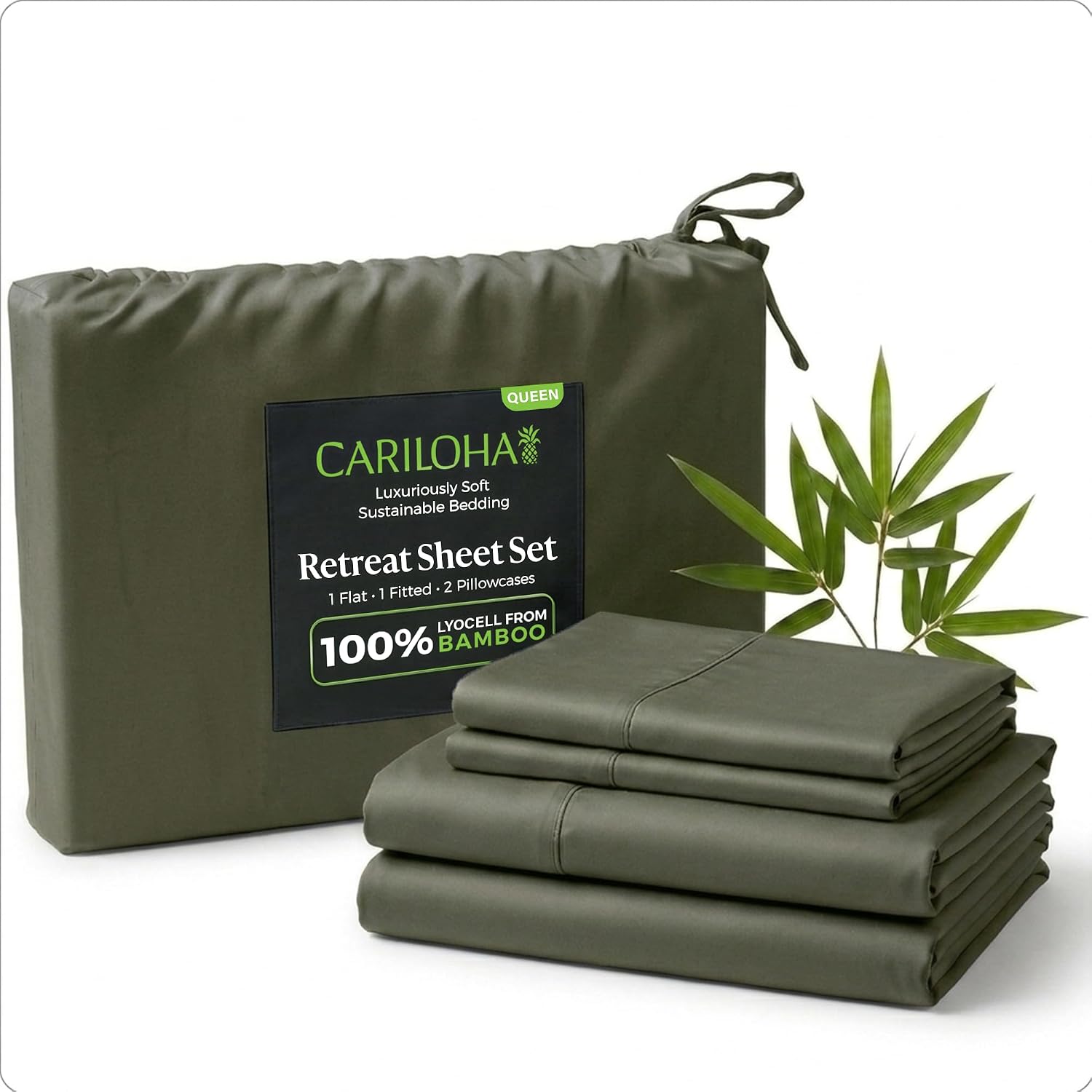 Cariloha Retreat 4-Piece Sateen Sheet Set | Oasis Green | Queen | Lyocell Material | Breathable, Corner Straps, Extra Soft & Cooling